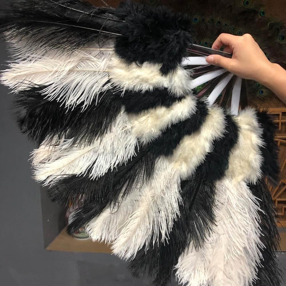 Mix Black & white Marabou Ostrich Feather fan 21"x 38" with Travel leather Bag.