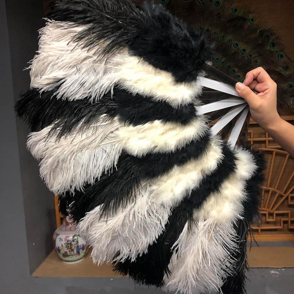 Mix Black & White Marabou Ostrich Feather Fan 21x 38 with Travel Leather Bag, Right Hand Fan