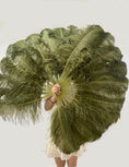 Load image into Gallery viewer, A pair Olive green Single layer Ostrich Feather fan 24"x 41" with leather travel Bag.
