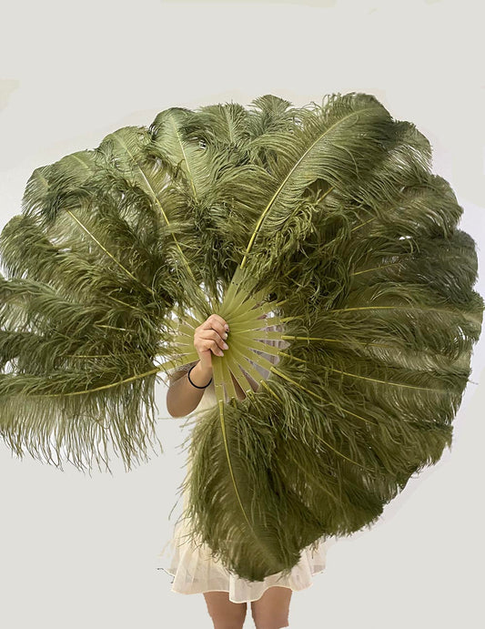 A pair Olive green Single layer Ostrich Feather fan 24"x 41" with leather travel Bag.