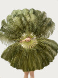 Load image into Gallery viewer, A pair Olive green Single layer Ostrich Feather fan 24"x 41" with leather travel Bag.
