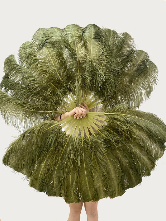 A pair Olive green Single layer Ostrich Feather fan 24"x 41" with leather travel Bag.