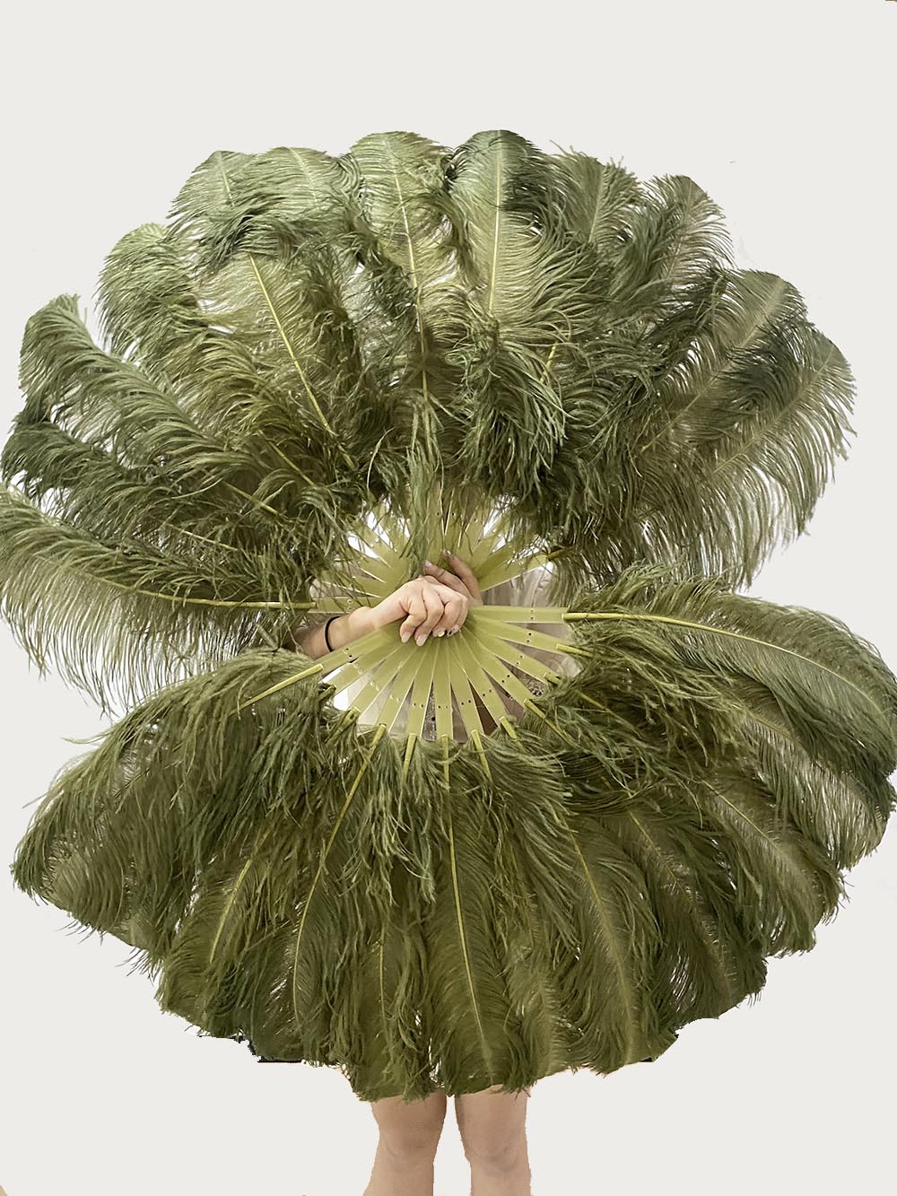 Olive green single layer Ostrich Feather Fan with leather travel Bag 25"x 45".