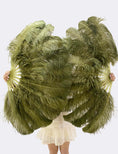 Load image into Gallery viewer, A pair Olive green Single layer Ostrich Feather fan 24"x 41" with leather travel Bag.
