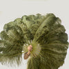 A pair Olive green Single layer Ostrich Feather fan 24"x 41" with leather travel Bag.
