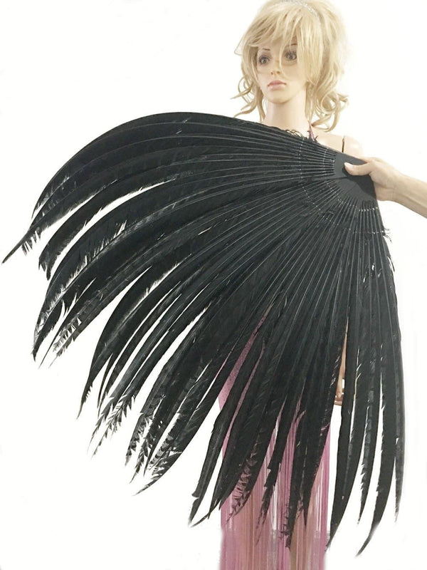 Black  Luxury 71" Tall huge Pheasant Feather Fan with Travel leather Bag.