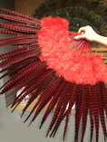 Load image into Gallery viewer, Red Marabou & Pheasant Feather Fan 29"x 53" with Travel leather Bag.
