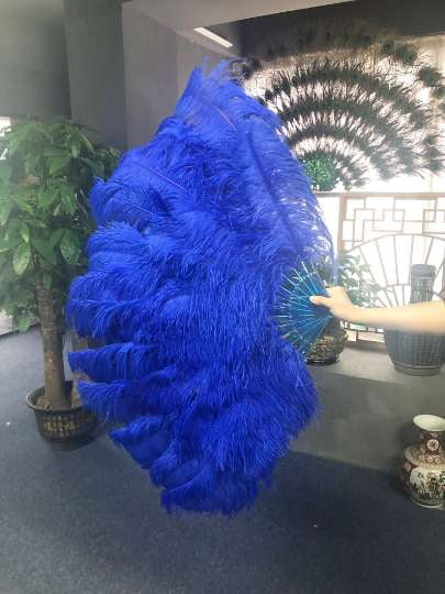 XL 2 Layers Royal blue Ostrich Feather Fan 34''x 60'' with Travel leather Bag.