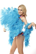 Load image into Gallery viewer, Turquoise single layer Ostrich Feather Fan with leather travel Bag 25"x 45".
