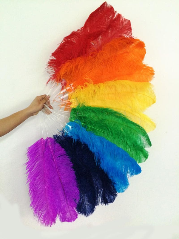Abanico de plumas de avestruz de una sola capa arcoíris con bolsa de viaje de cuero 25