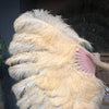 Abanico XL 2 capas de pluma de avestruz albaricoque 34''x 60 '' con bolsa de viaje de cuero.