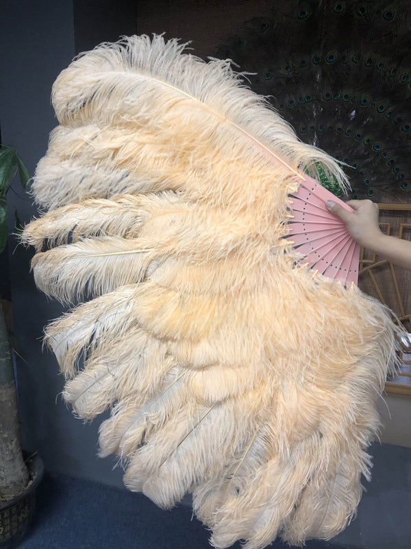 XL 2 Layers apricot Ostrich Feather Fan 34''x 60'' with Travel leather Bag.