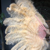 Abanico XL de plumas de avestruz color albaricoque de 2 capas de 34&#39;&#39;x 60&#39;&#39; con bolsa de viaje de cuero.