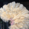 Abanico XL de plumas de avestruz color albaricoque de 2 capas de 34&#39;&#39;x 60&#39;&#39; con bolsa de viaje de cuero.