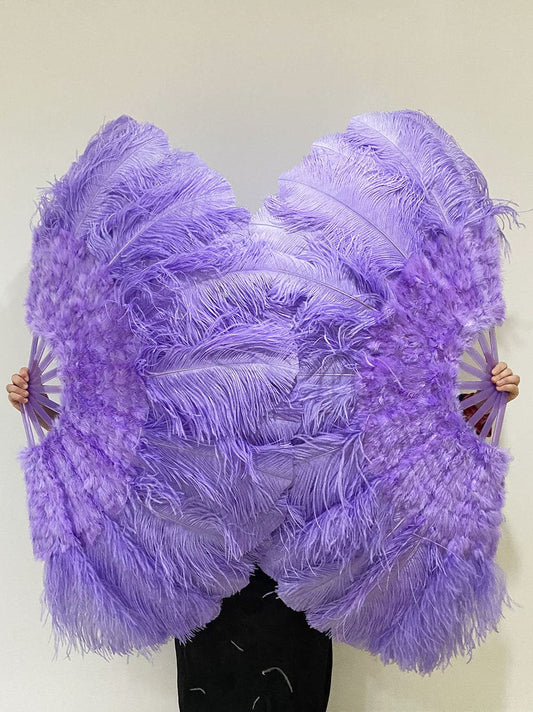 Aqua violet Ostrich & Marabou Feathers fan 27"x 53" with Travel leather Bag.