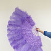 Abanico de plumas de avestruz y marabú violeta aguamarina 27 "x 53" con bolsa de viaje de cuero.