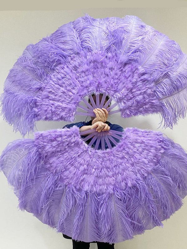 Abanico de plumas de avestruz y marabú violeta aguamarina de 27&quot;x 53&quot; con bolsa de viaje de cuero.
