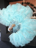 Load image into Gallery viewer, A pair aqua Single layer Ostrich Feather fan 24"x 41" with leather travel Bag.
