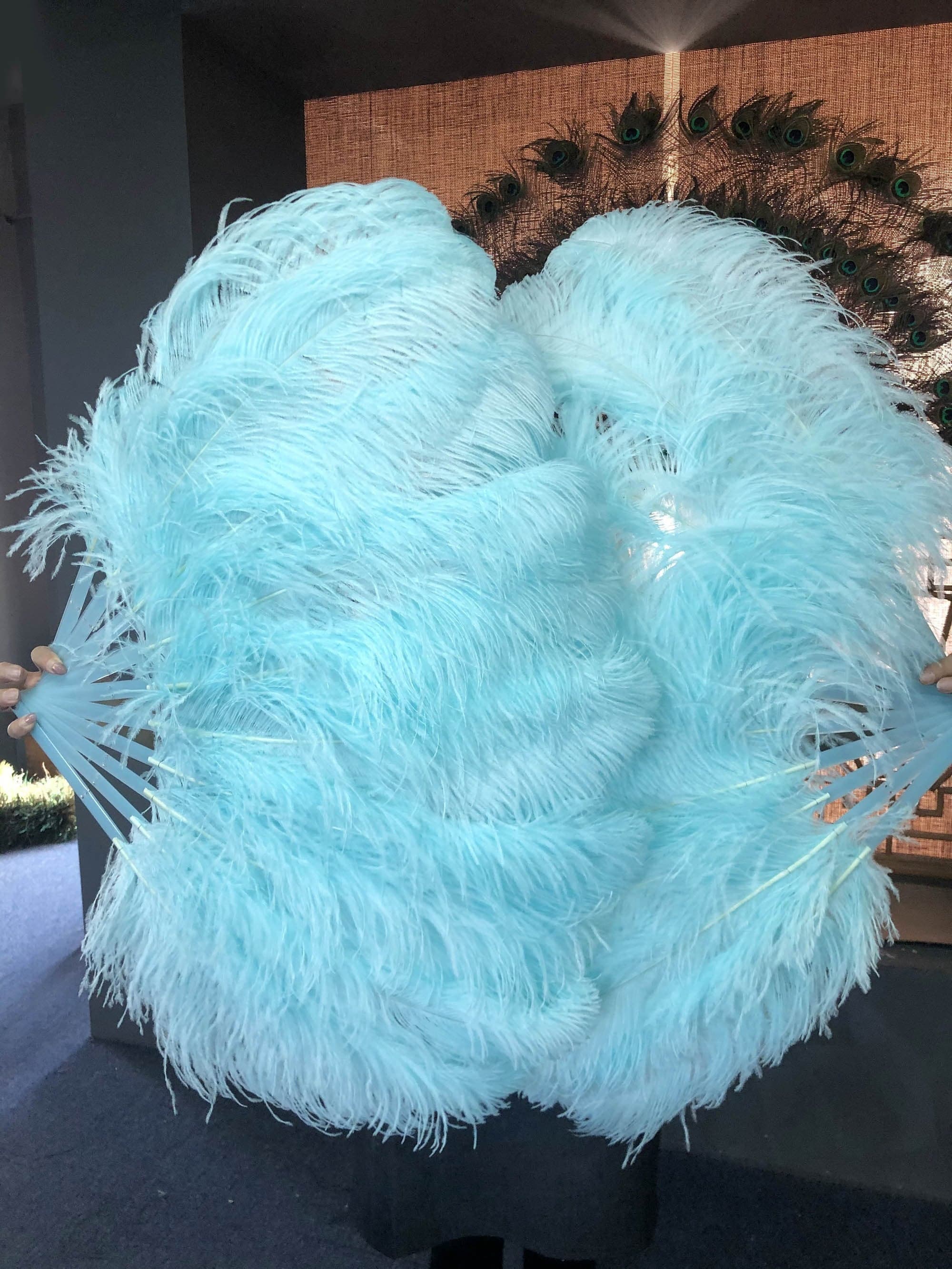 A pair aqua Single layer Ostrich Feather fan 24"x 41" with leather travel Bag.