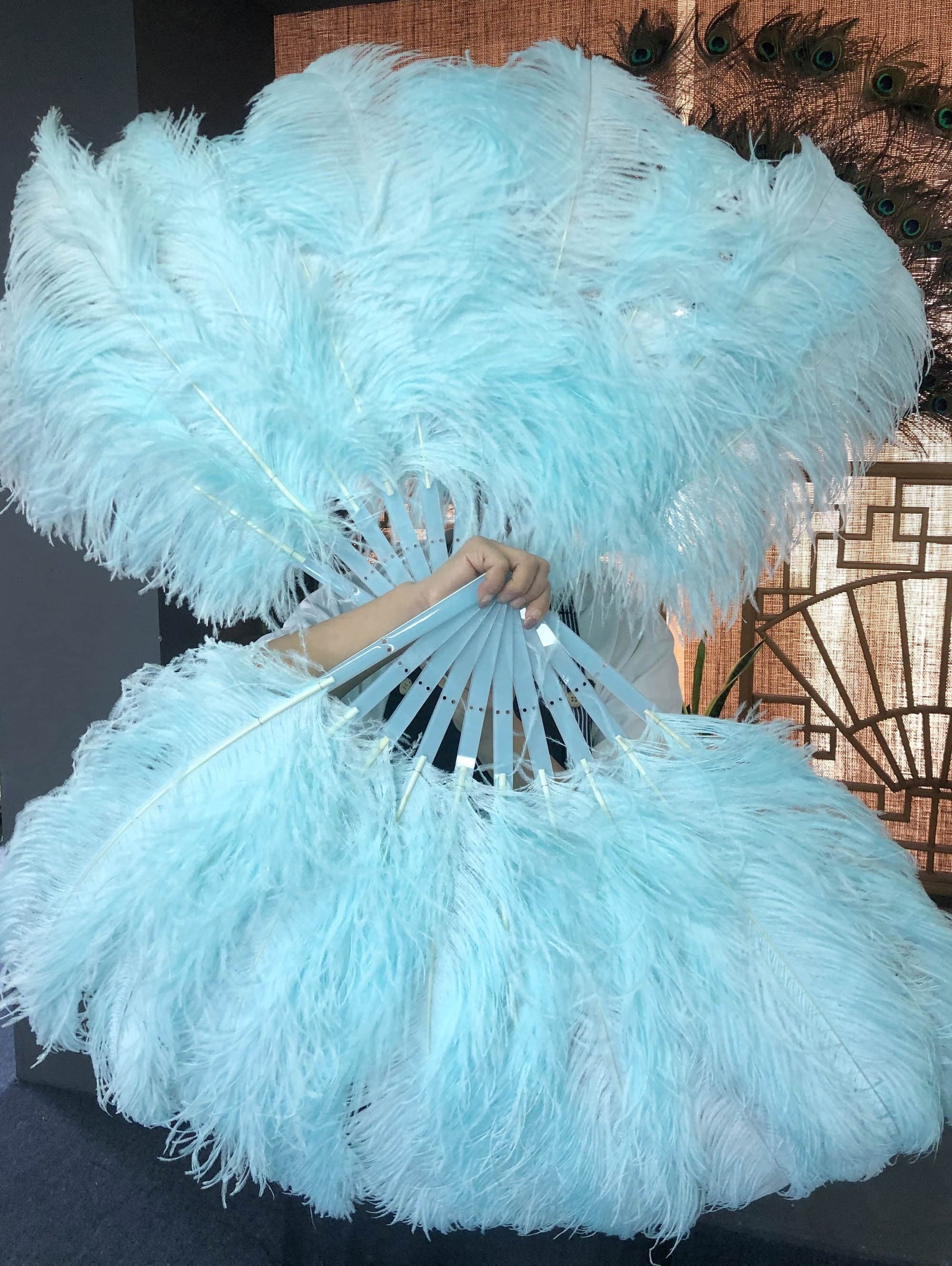 A pair aqua Single layer Ostrich Feather fan 24"x 41" with leather travel Bag.