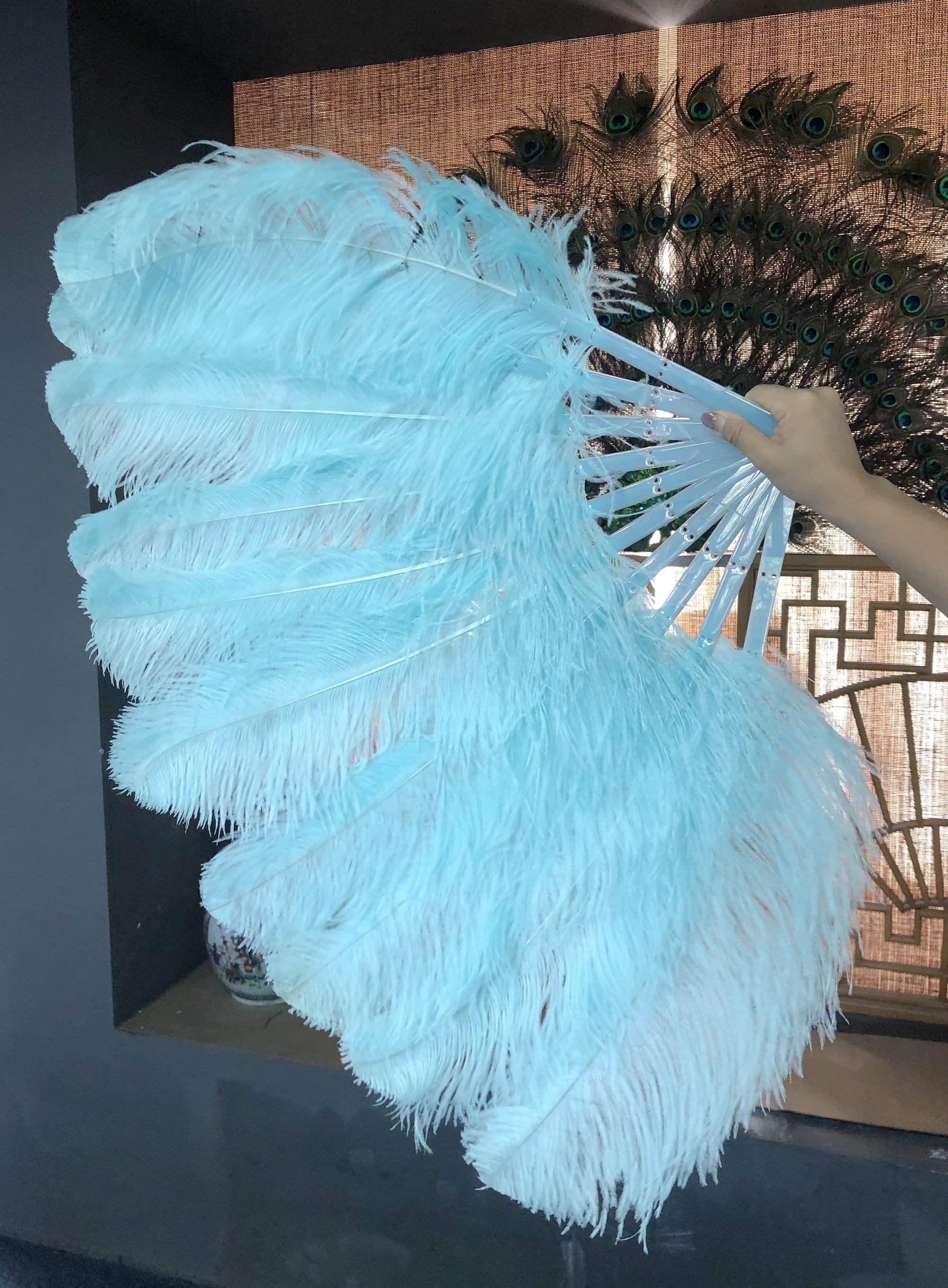 A pair aqua Single layer Ostrich Feather fan 24"x 41" with leather travel Bag.