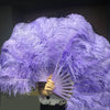 Un par de abanicos de plumas de avestruz de una sola capa de color violeta aguamarina de 24&quot;x 41&quot; con bolsa de viaje de cuero.