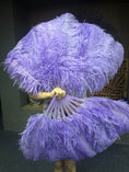 Load image into Gallery viewer, A pair aqua violet Single layer Ostrich Feather fan 24"x 41" with leather travel Bag.
