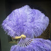 Un par de abanicos de pluma de avestruz de una sola capa de color agua violeta de 24 "x 41" con bolsa de viaje de cuero.
