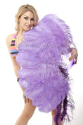 Load image into Gallery viewer, Aqua violet single layer Ostrich Feather Fan with leather travel Bag 25"x 45".
