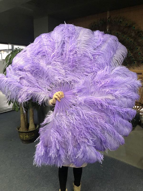 Abanico de plumas de avestruz de 2 capas violeta agua 30 "x 54" con bolsa de viaje de cuero.