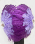 Load image into Gallery viewer, Mix dark purple & aqua violet XL 2 Layer Ostrich Feather Fan 34''x 60'' with Travel leather Bag.
