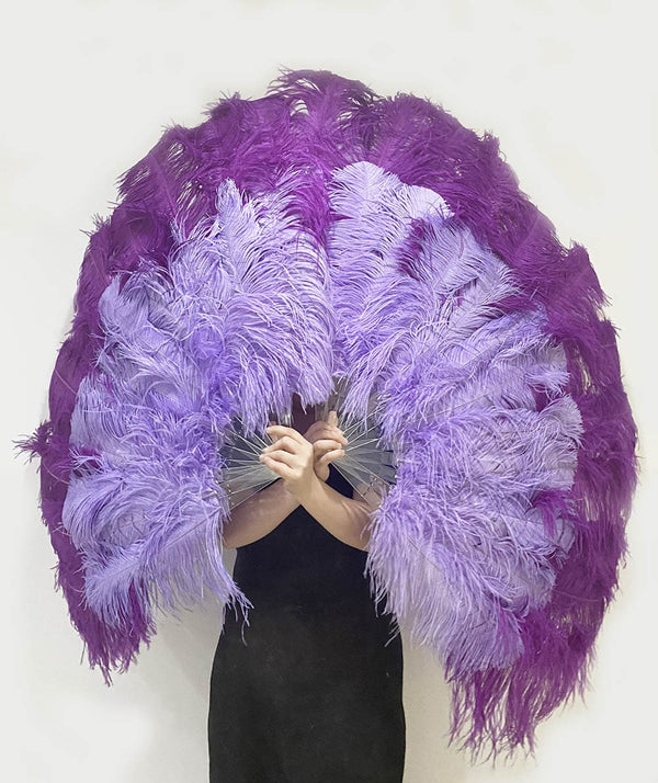 Abanico XL de plumas de avestruz de 2 capas, 34 x 60 cm, color morado oscuro y violeta agua, con bolsa de viaje de piel.
