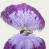 Mezcle un abanico de plumas de avestruz XL de 2 capas de color violeta oscuro y violeta agua de 34&#39;&#39;x 60&#39;&#39; con una bolsa de cuero de viaje.