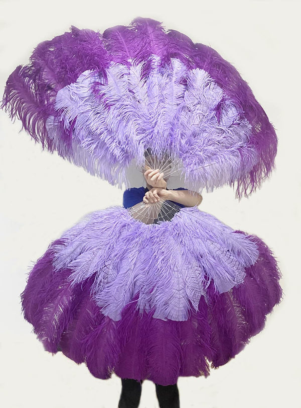 Abanico XL de plumas de avestruz de 2 capas, 34 x 60 cm, color morado oscuro y violeta agua, con bolsa de viaje de piel.