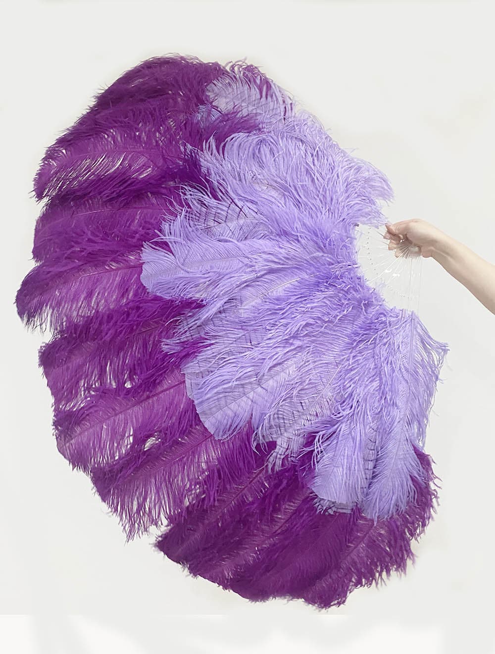 hotfans Mix Dark Purple & Aqua Violet XL 2 Layer Ostrich Feather Fan 34''x 60'' with Travel Leather Bag Right Hand Fan / Transparent Staves
