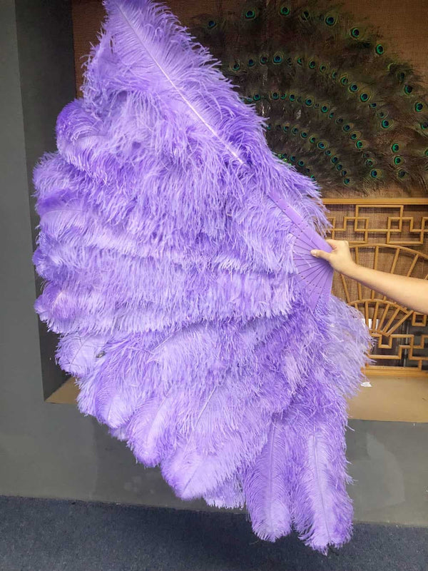 Abanico de plumas de avestruz violeta aguamarina XL de 2 capas de 34&#39;&#39;x 60&#39;&#39; con bolsa de viaje de cuero.