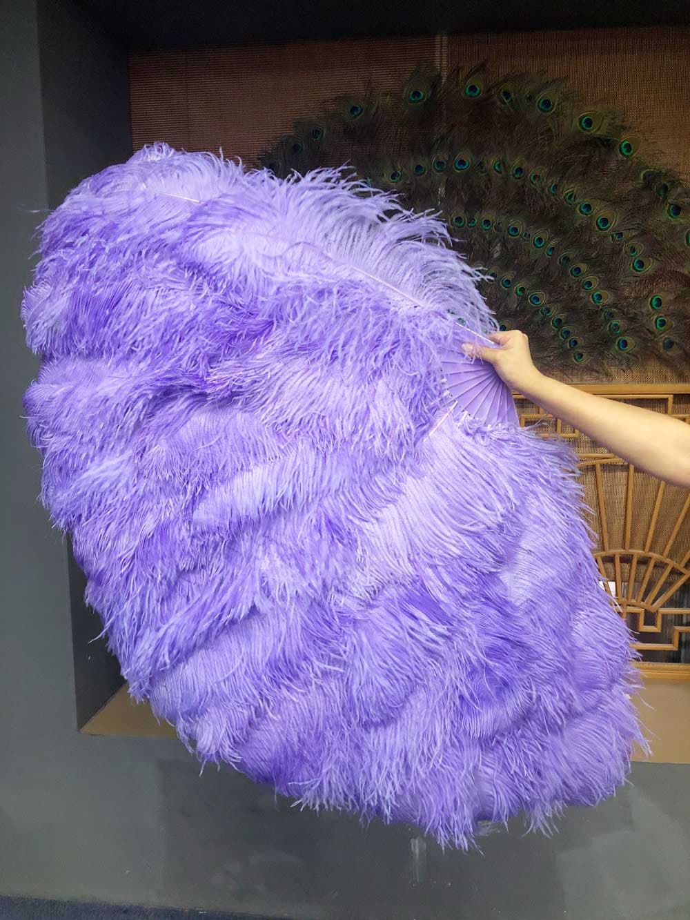 XL 2 Layers aqua violet Ostrich Feather Fan 34''x 60'' with Travel leather Bag.