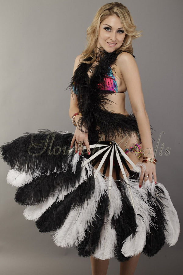 Mix black & white single layer Ostrich Feather Fan with leather travel Bag 25