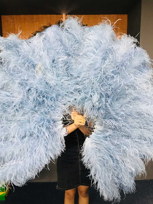 Burlesque 4 Layers baby blue Ostrich Feather Fan Opened 67'' with Travel leather Bag.