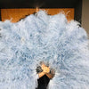 Abanico de plumas de avestruz azul bebé Burlesque de 4 capas abierto 67 '' con bolsa de viaje de cuero.