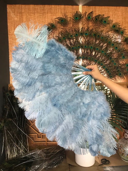 baby blue Marabou Ostrich Feather fan 21"x 38" with Travel leather Bag.