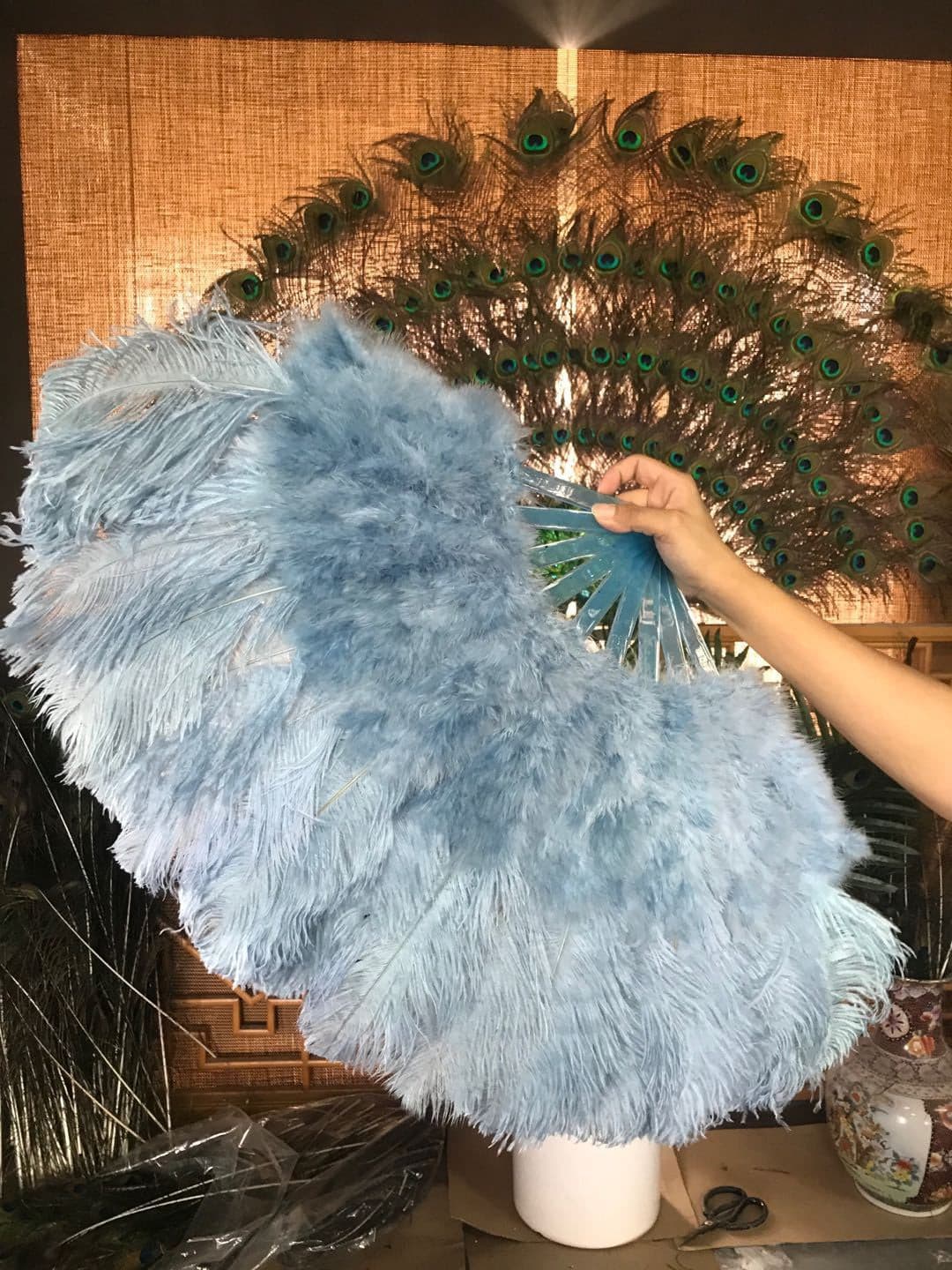 baby blue Marabou Ostrich Feather fan 21"x 38" with Travel leather Bag.