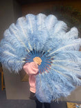 Load image into Gallery viewer, A pair baby blue Single layer Ostrich Feather fan 24"x 41" with leather travel Bag.
