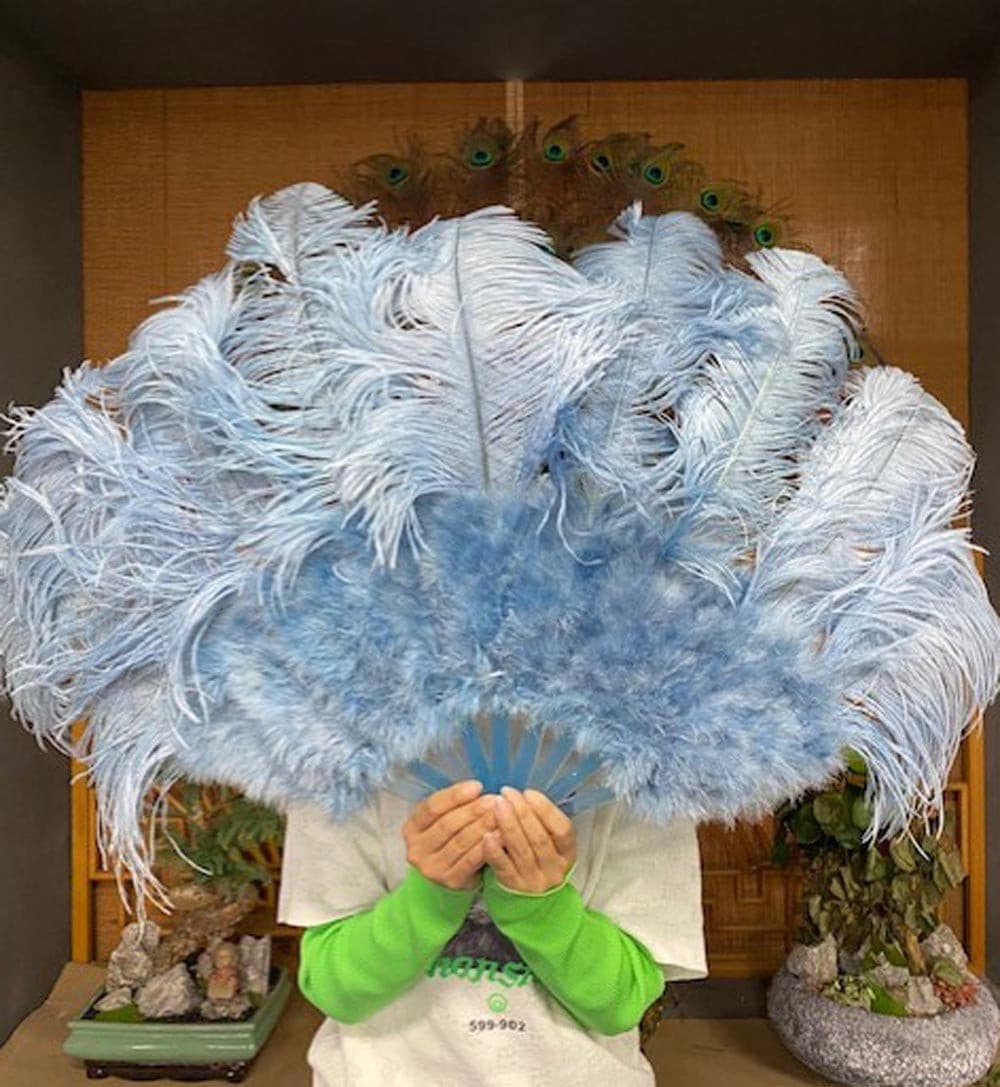 Baby blue Marabou Ostrich Feather fan 24"x 43" with Travel leather Bag.