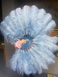 Load image into Gallery viewer, A pair baby blue Single layer Ostrich Feather fan 24"x 41" with leather travel Bag.
