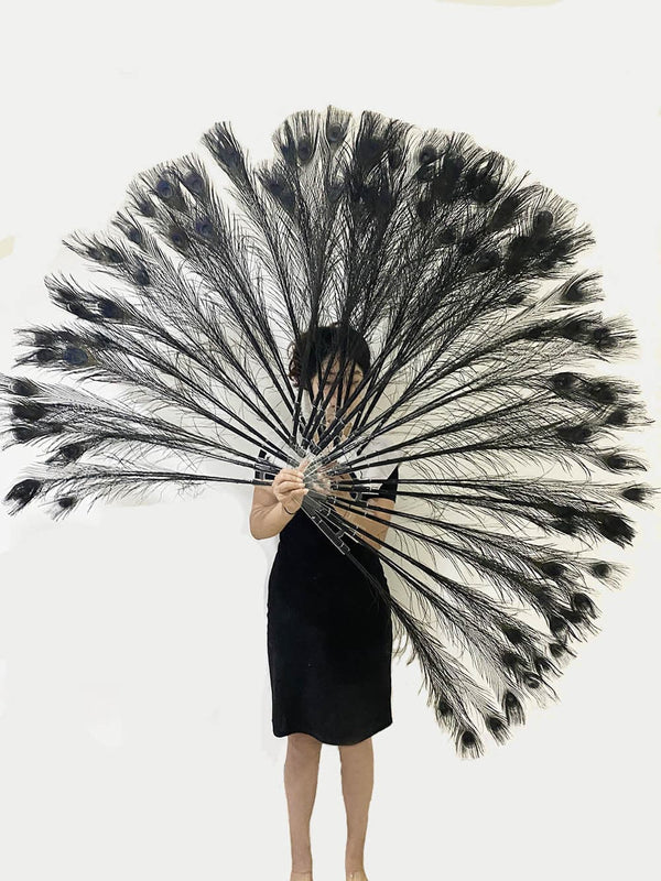 Black peacock feather fan with Travel leather Bag.