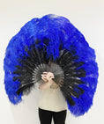 Load image into Gallery viewer, Mix black & royal blue 2 Layers Ostrich Feather Fan 30''x 54'' with Travel leather Bag.
