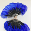 Abanico de plumas de avestruz de 2 capas negro y azul real de 30''x 54'' con bolsa de viaje de cuero.