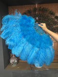 Load image into Gallery viewer, Blue Marabou Ostrich Feather fan 21"x 38" with Travel leather Bag.
