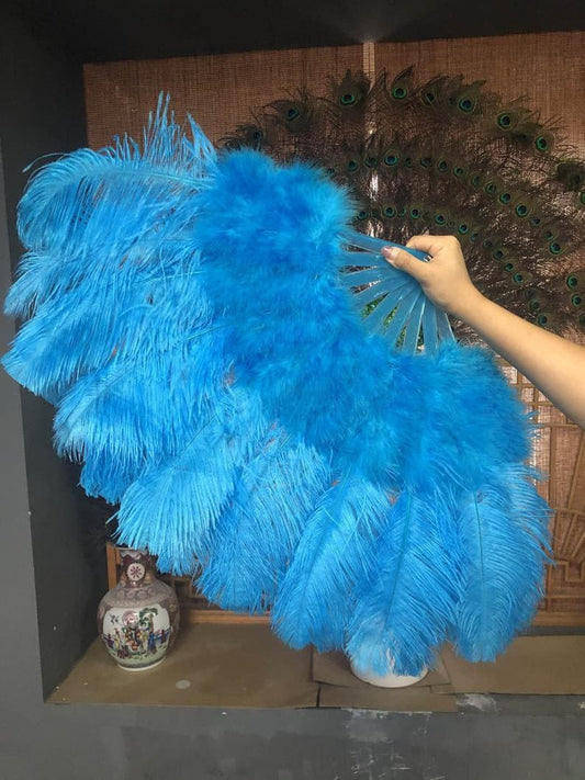 Blue Marabou Ostrich Feather fan 21"x 38" with Travel leather Bag.